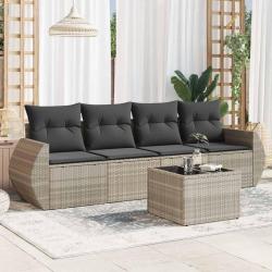 Salon de jardin 5 pcs avec coussins gris clair r&eacute;sine tress&eacute;e