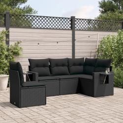 Salon de jardin 5 pcs avec coussins noir r&eacute;sine tress&eacute;e