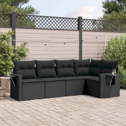 Salon de jardin 5 pcs avec coussins noir r&eacute;sine tress&eacute;e