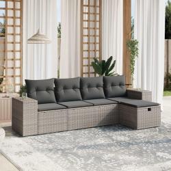 Salon de jardin 5 pcs avec coussins gris r&eacute;sine tress&eacute;e