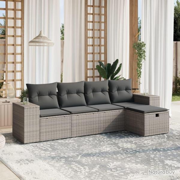 Salon de jardin 5 pcs avec coussins gris r�sine tress�e
