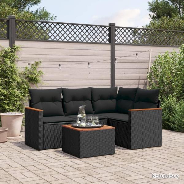 Salon de jardin 5 pcs avec coussins noir r�sine tress�e