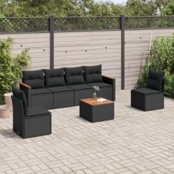 Salon de jardin 7 pcs avec coussins noir r&eacute;sine tress&eacute;e