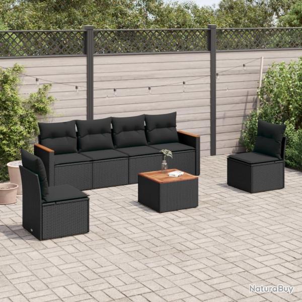 Salon de jardin 7 pcs avec coussins noir r�sine tress�e alsavelo