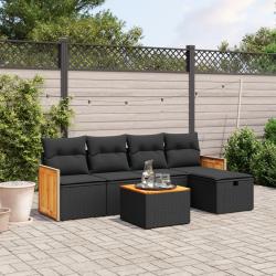 Salon de jardin 6 pcs avec coussins noir r&eacute;sine tress&eacute;e