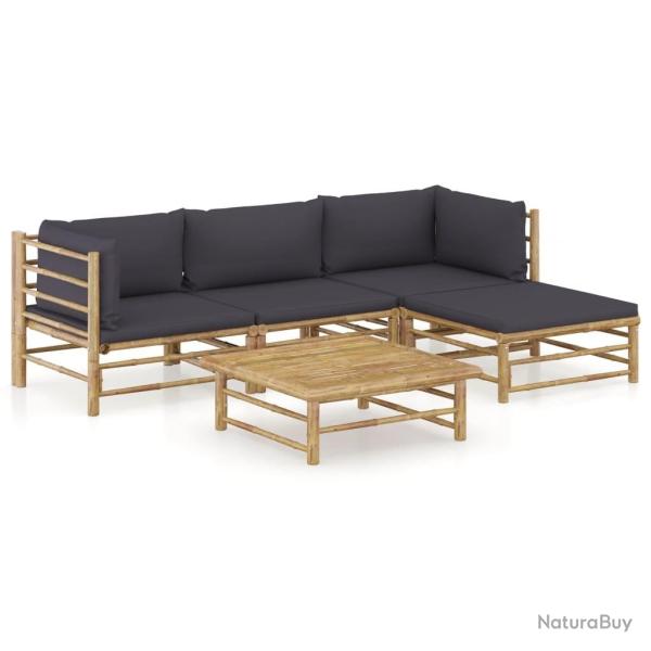 Salon de jardin 5 pcs avec coussins gris fonc� bambou