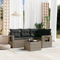 Salon de jardin 5 pcs avec coussins gris r&eacute;sine tress&eacute;e alsavelo