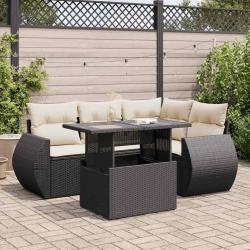 Salon de jardin 5 pcs avec coussins noir r&eacute;sine tress&eacute;e