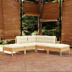Salon de jardin 5 pcs avec coussins cr&egrave;me bois de pin