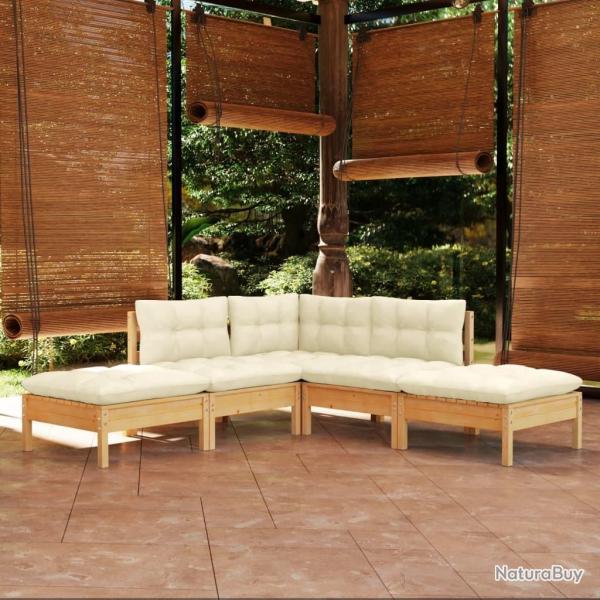 Salon de jardin 5 pcs avec coussins cr�me bois de pin alsavelo