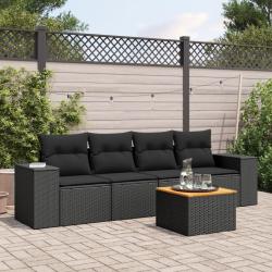 Salon de jardin 5 pcs avec coussins noir r&eacute;sine tress&eacute;e