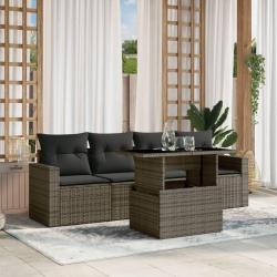 Salon de jardin 5 pcs avec coussins gris r&eacute;sine tress&eacute;e