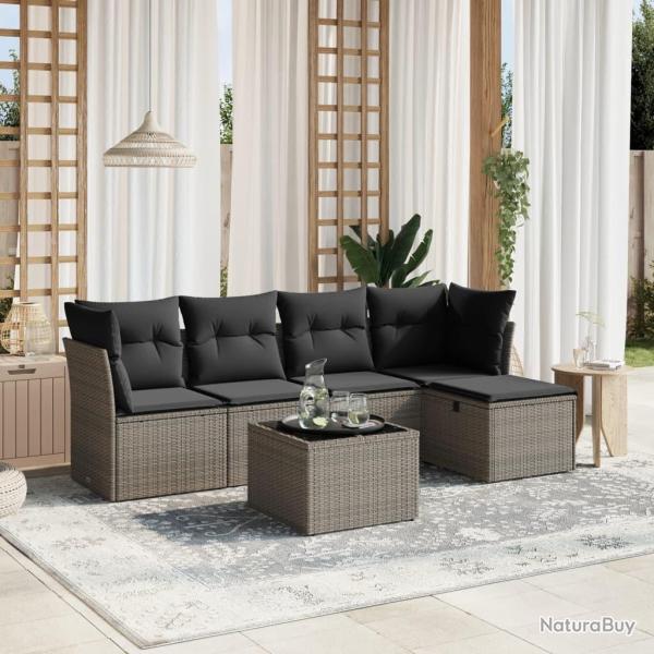 Salon de jardin 6 pcs avec coussins gris r�sine tress�e alsavelo