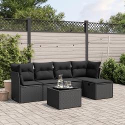 Salon de jardin 6 pcs avec coussins noir r&eacute;sine tress&eacute;e