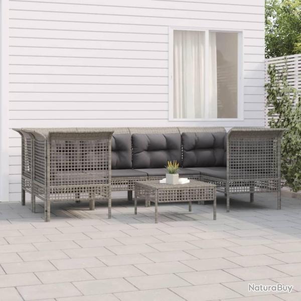 Salon de jardin 7 pcs avec coussins Gris Rsine tresse alsavelo