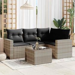 Salon de jardin 5 pcs avec coussins gris clair r&eacute;sine tress&eacute;e