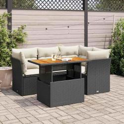 Salon de jardin 5 pcs avec coussins noir r&eacute;sine tress&eacute;e