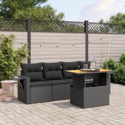 Salon de jardin 5 pcs avec coussins noir r&eacute;sine tress&eacute;e