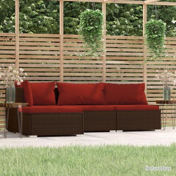 Salon de jardin 4 pcs avec coussins Marron R�sine tress�e