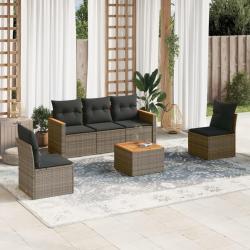 Salon de jardin 6 pcs avec coussins gris r&eacute;sine tress&eacute;e