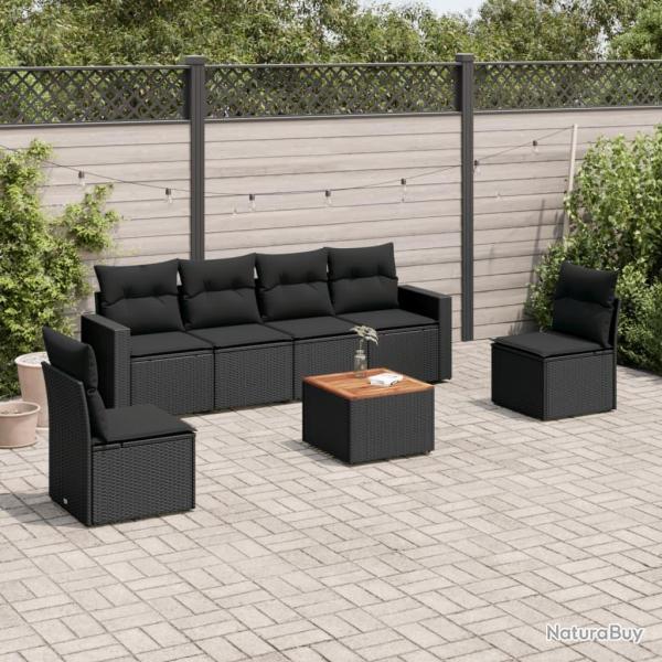Salon de jardin 7 pcs avec coussins noir r�sine tress�e