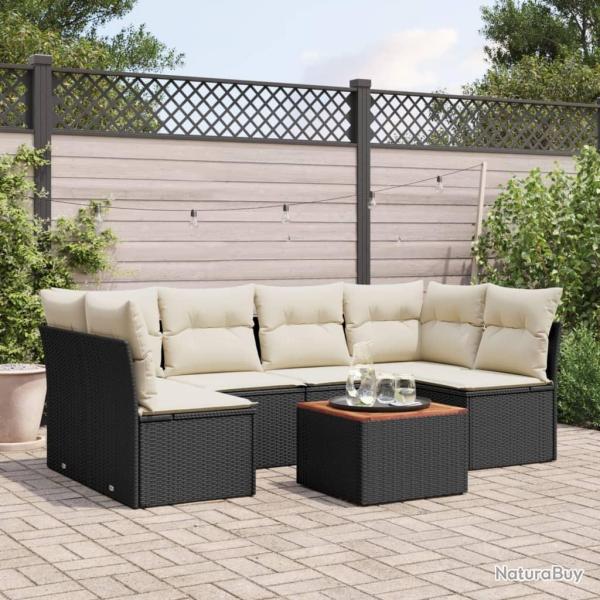 Salon de jardin 7 pcs avec coussins noir r�sine tress�e