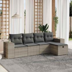 Salon de jardin 5 pcs avec coussins gris clair r&eacute;sine tress&eacute;e