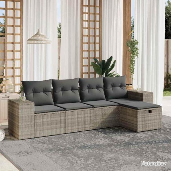 Salon de jardin 5 pcs avec coussins gris clair r�sine tress�e