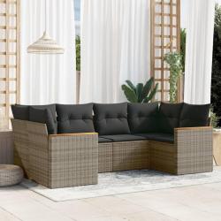 Salon de jardin 6 pcs avec coussins gris r&eacute;sine tress&eacute;e