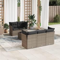 Salon de jardin 6 pcs avec coussins gris r&eacute;sine tress&eacute;e