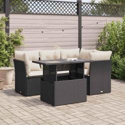 Salon de jardin 5 pcs avec coussins noir r&eacute;sine tress&eacute;e