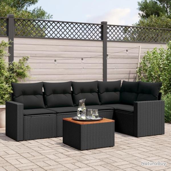 Salon de jardin 6 pcs avec coussins noir r�sine tress�e