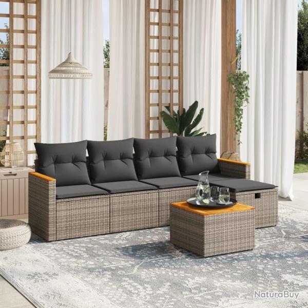 Salon de jardin 6 pcs avec coussins gris r�sine tress�e alsavelo