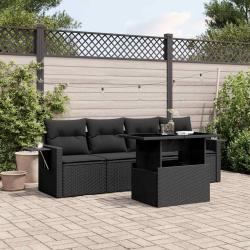 Salon de jardin 5 pcs avec coussins noir r&eacute;sine tress&eacute;e