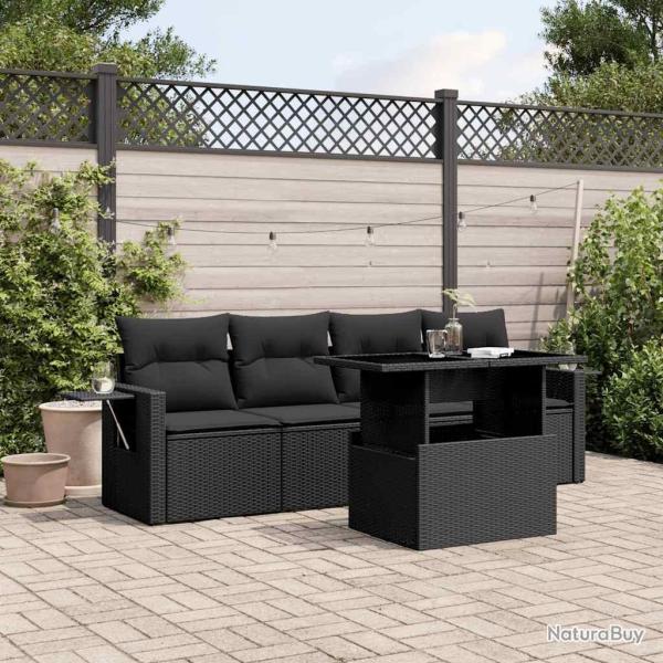 Salon de jardin 5 pcs avec coussins noir r�sine tress�e