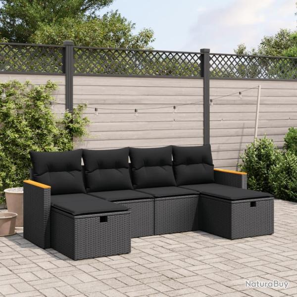 Salon de jardin 6 pcs avec coussins noir r�sine tress�e alsavelo