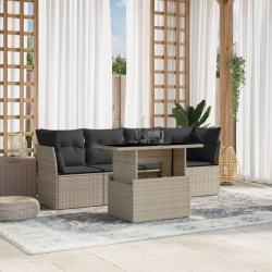 Salon de jardin 5 pcs avec coussins gris clair r&eacute;sine tress&eacute;e