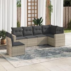 Salon de jardin 6 pcs avec coussins gris clair r&eacute;sine tress&eacute;e