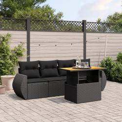 Salon de jardin 5 pcs avec coussins noir r&eacute;sine tress&eacute;e