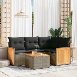 Salon de jardin 5 pcs avec coussins gris r&eacute;sine tress&eacute;e