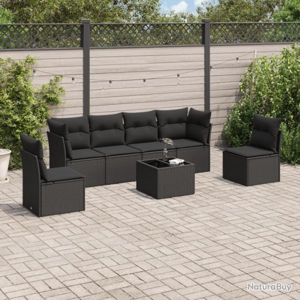 Salon de jardin 7 pcs avec coussins noir r�sine tress�e