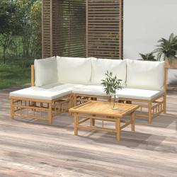 Salon de jardin 5 pcs avec coussins blanc cr&egrave;me bambou