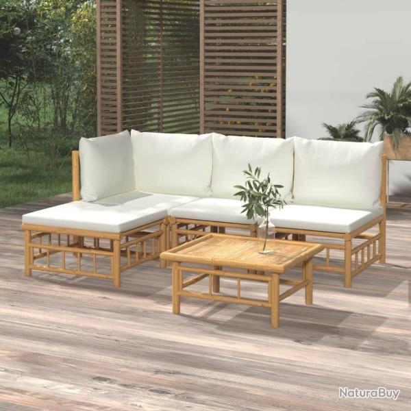 Salon de jardin 5 pcs avec coussins blanc cr�me bambou