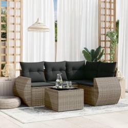 Salon de jardin 5 pcs avec coussins gris r&eacute;sine tress&eacute;e
