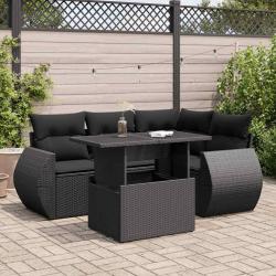 Salon de jardin 5 pcs avec coussins noir r&eacute;sine tress&eacute;e alsavelo