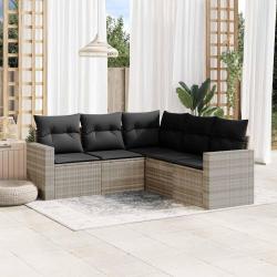 Salon de jardin 5 pcs avec coussins gris clair r&eacute;sine tress&eacute;e
