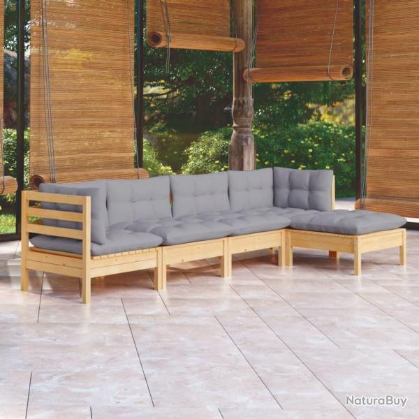 Salon de jardin 5 pcs avec coussins gris bois de pin