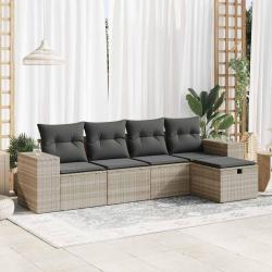 Salon de jardin 5 pcs avec coussins gris clair r&eacute;sine tress&eacute;e
