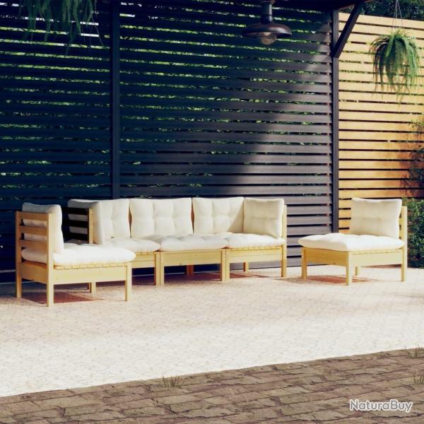 Salon de jardin 5 pcs avec coussins cr�me bois de pin massif