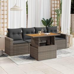 Salon de jardin 5 pcs avec coussins gris r&eacute;sine tress&eacute;e